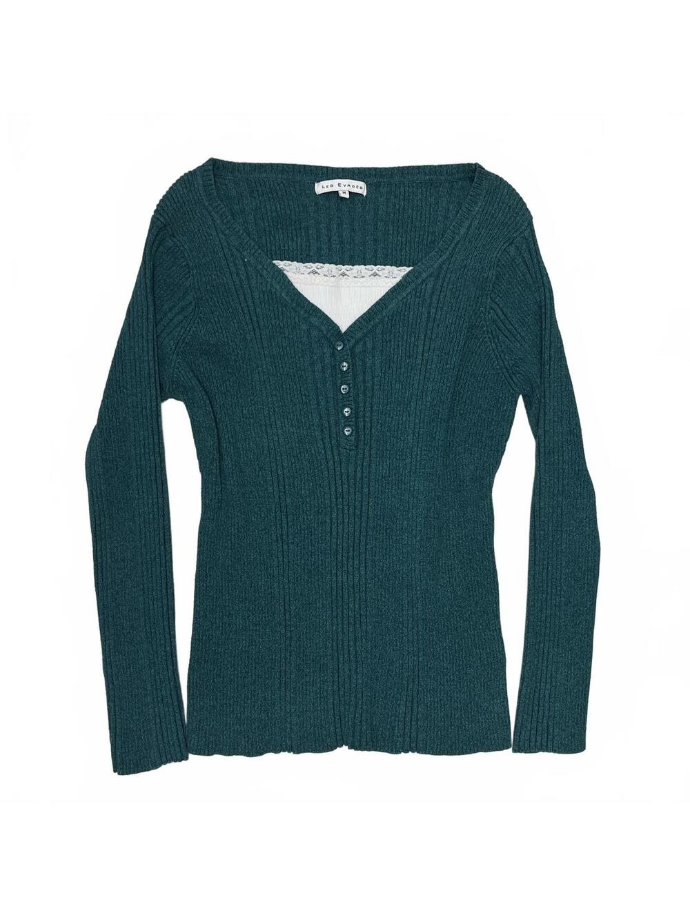 Vintage Les Evades M Teal Ribbed Henley Sweater White Lace Trim Bella Swan 2000s